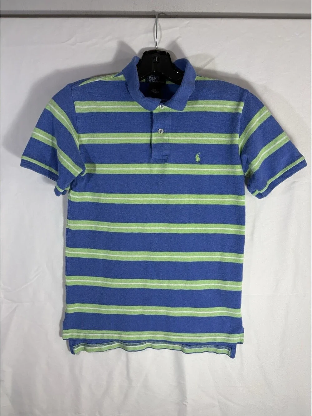Polo Ralph Lauren Boys M Blue Green Striped Pony Pique Cotton Polo Shirt